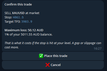Telegram trade confirmation showing the maximum loss in money