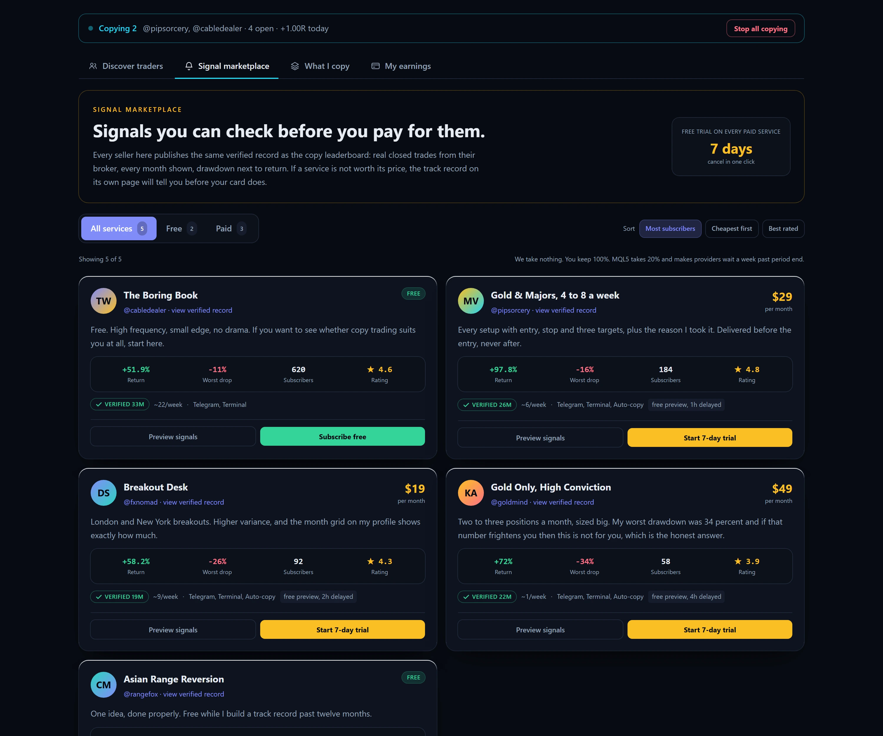 Signal marketplace: services listed with a verified record and a price